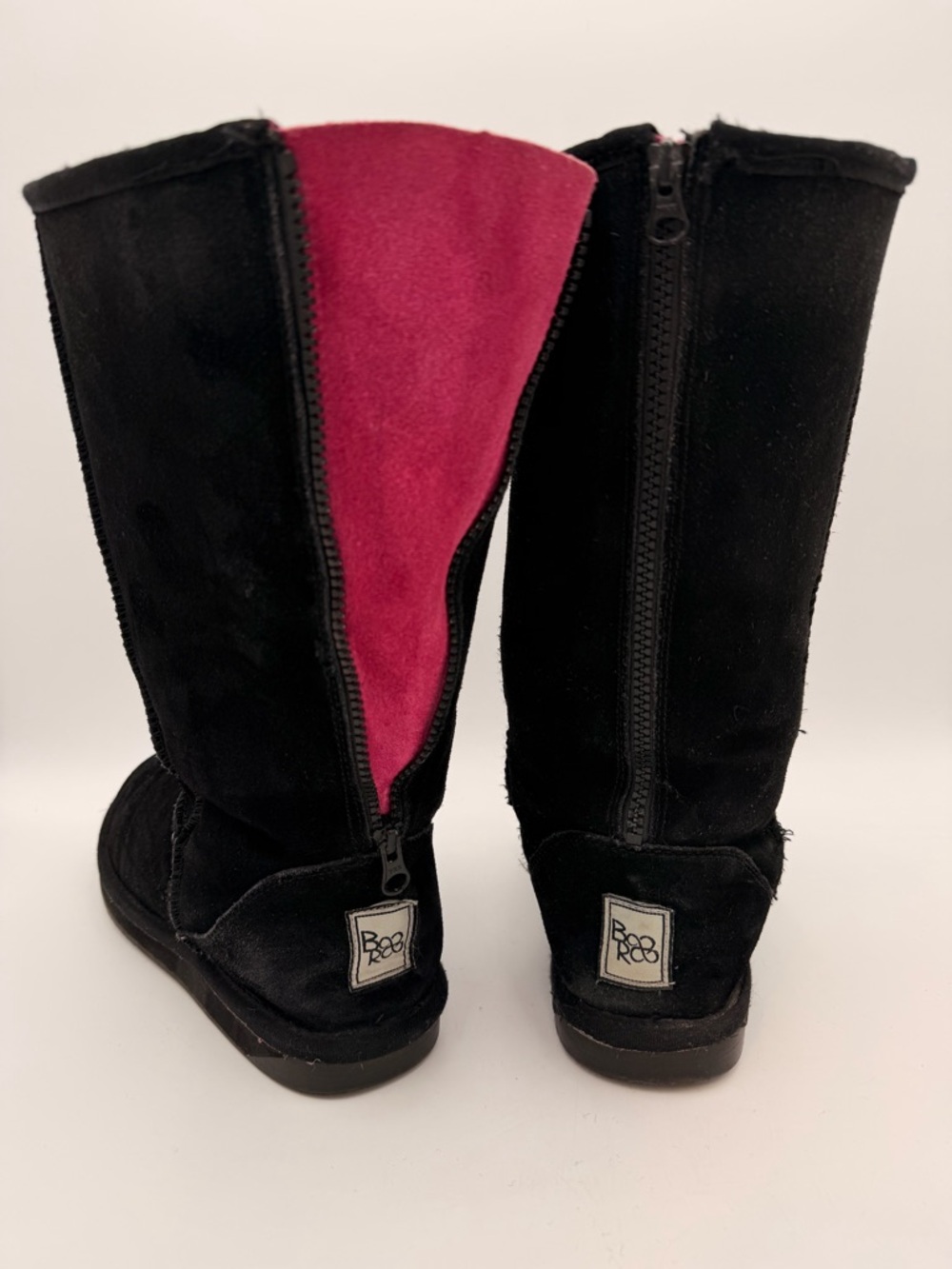 BooRoo Bliss Tall Black Suede Boots with Pink Suede Peekaboo Size 9